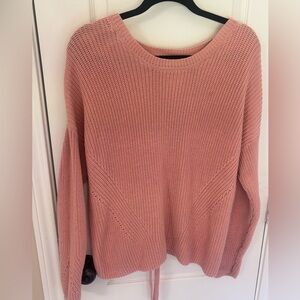 Lucky Brand Women's Large Pink Cozy Knit Sweater Back Tie Design 100% Cotton